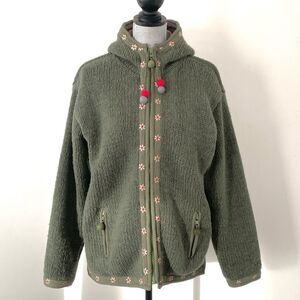 Laundromat Green Hooded Hand Knit Wool Jacket Large Fleece Floral Embroidered